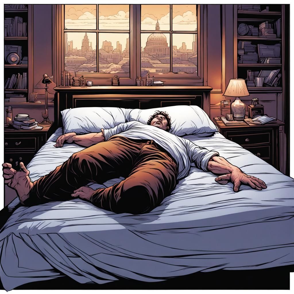 Man Collapsed on Bed in Comic Book Art Style