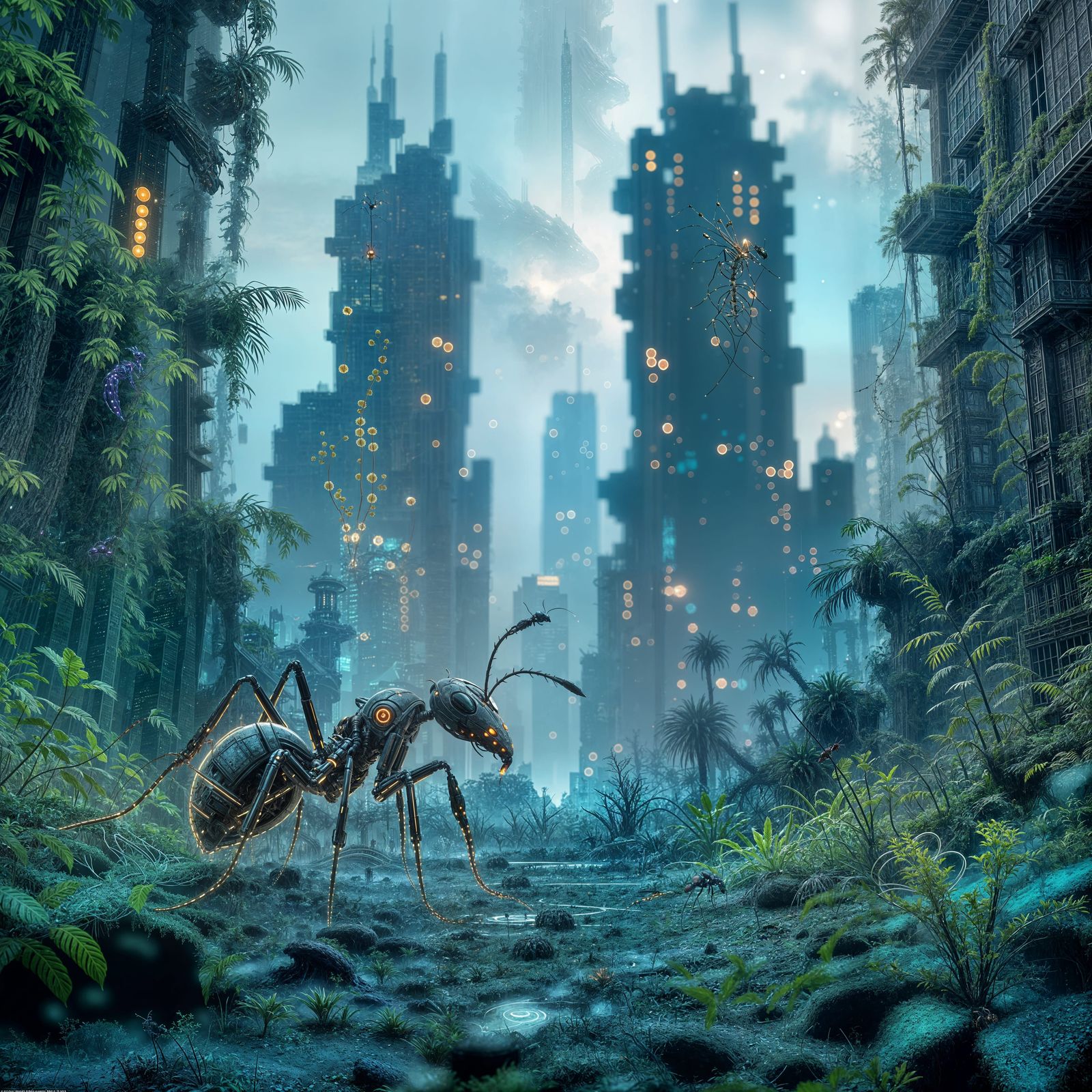 Cybernetic Ant Explores Overgrown Cityscape