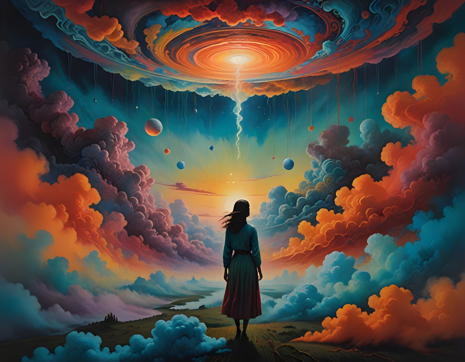 Ethereal Woman in Vibrant, Swirling Clouds, Abstract Express...