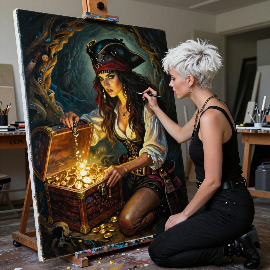 Woman Artist Signs Pirate Treasure Masterpiece Painting