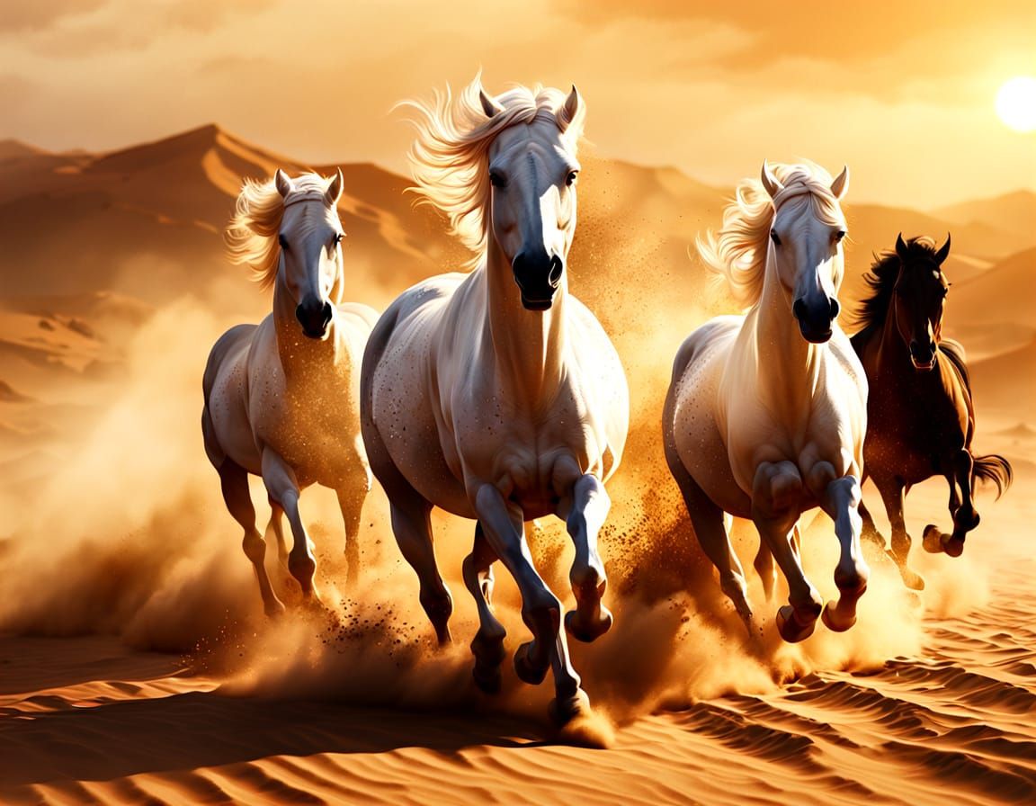 Hyperrealistic White Horses in Desert Sandstorm