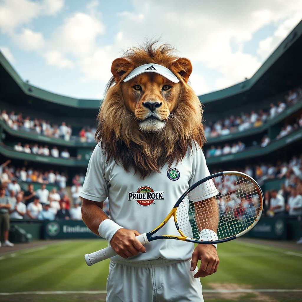 A majestic lion, clad in an all-white tennis outfit stands w...