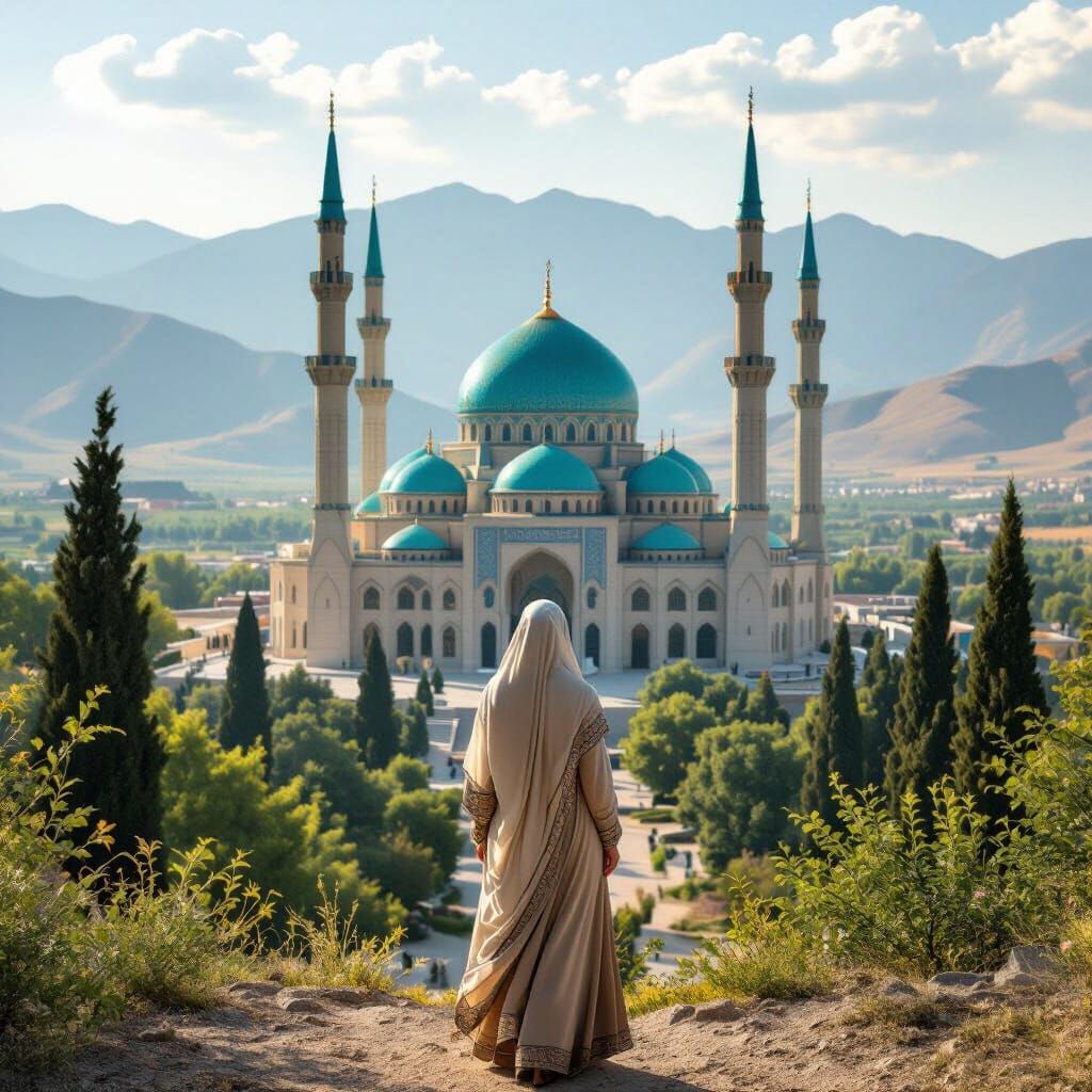Majestic Mosque View with Woman in Photorealistic Style