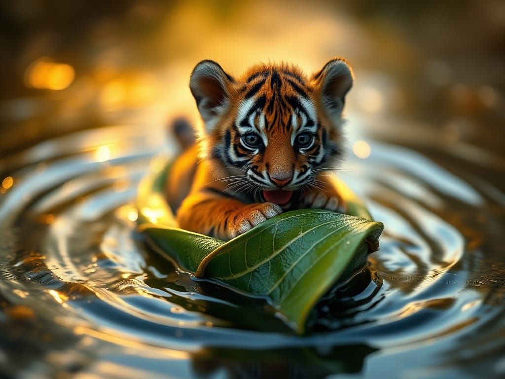 Vibrant Tiger in Leaf Boat, Macro Photography