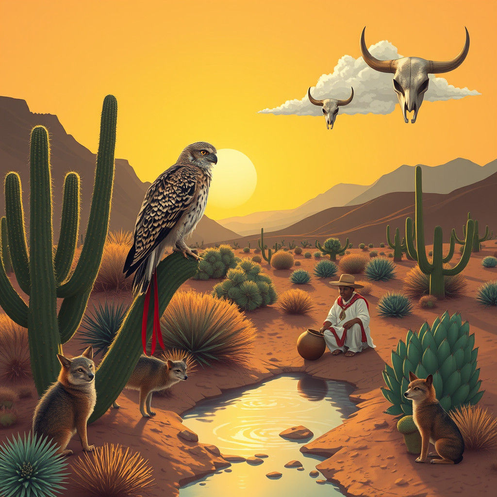 Surreal Desert Scene with Eagle in Pop Art Style