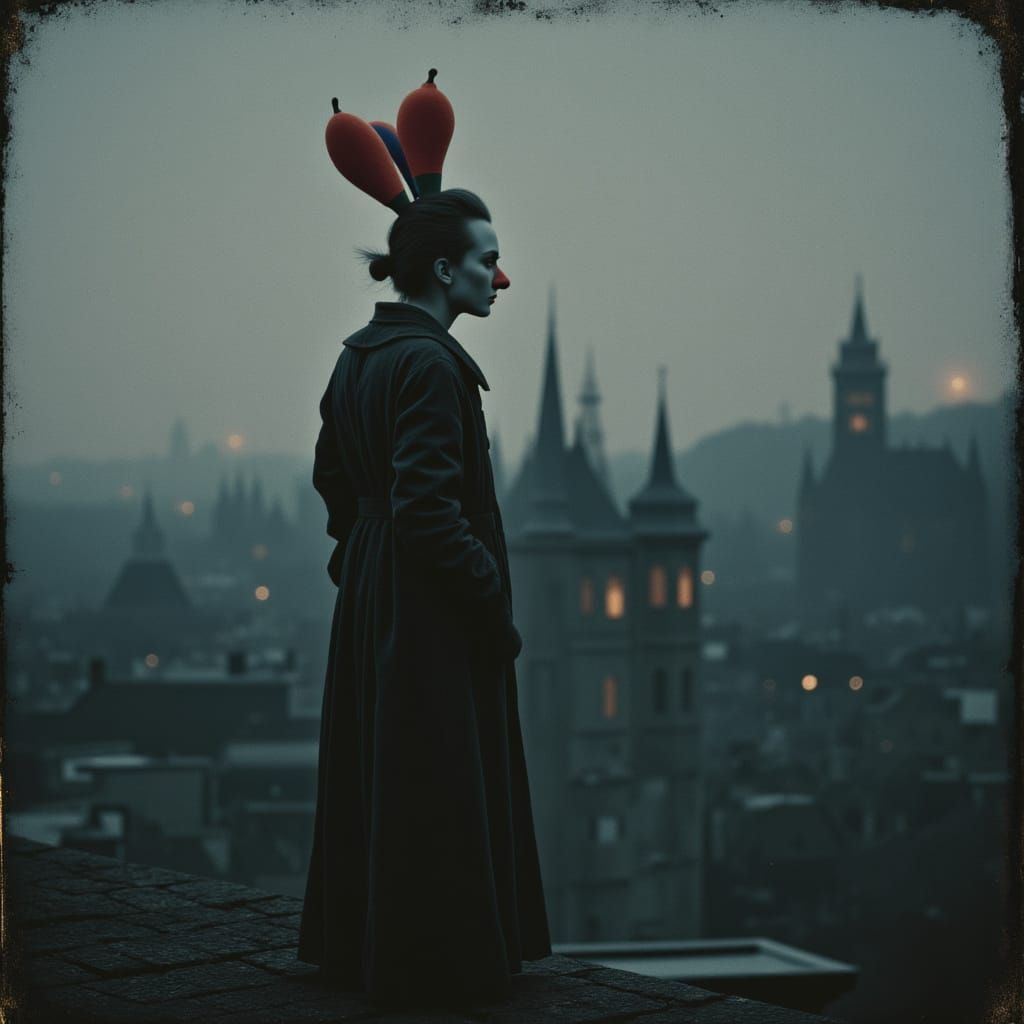 Solemn Pierrot Clown on Rooftop at Dusk in Vintage Style