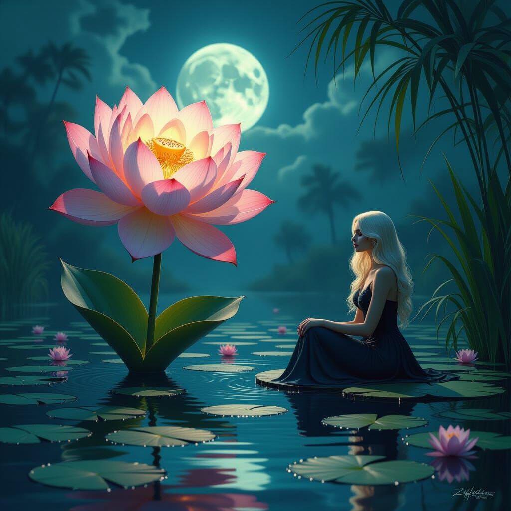 Lovecraftian Flower Glows in Moonlit Koi Pond