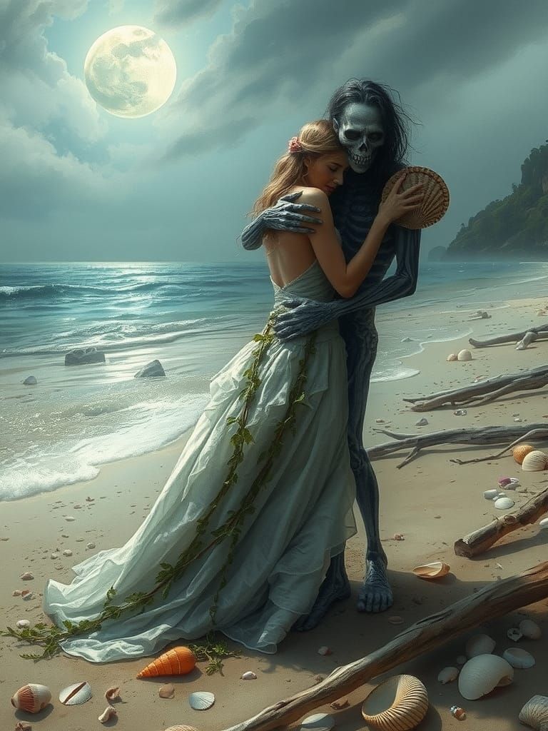 Siren and Zombie Embrace on Moonlit Beach