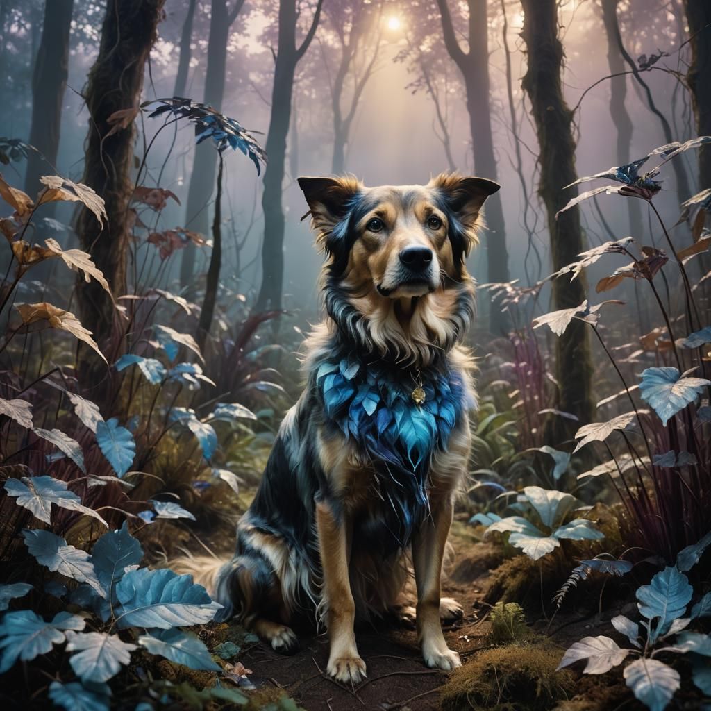 Surreal Dog in a Mystical Forest, Oil Painting Style