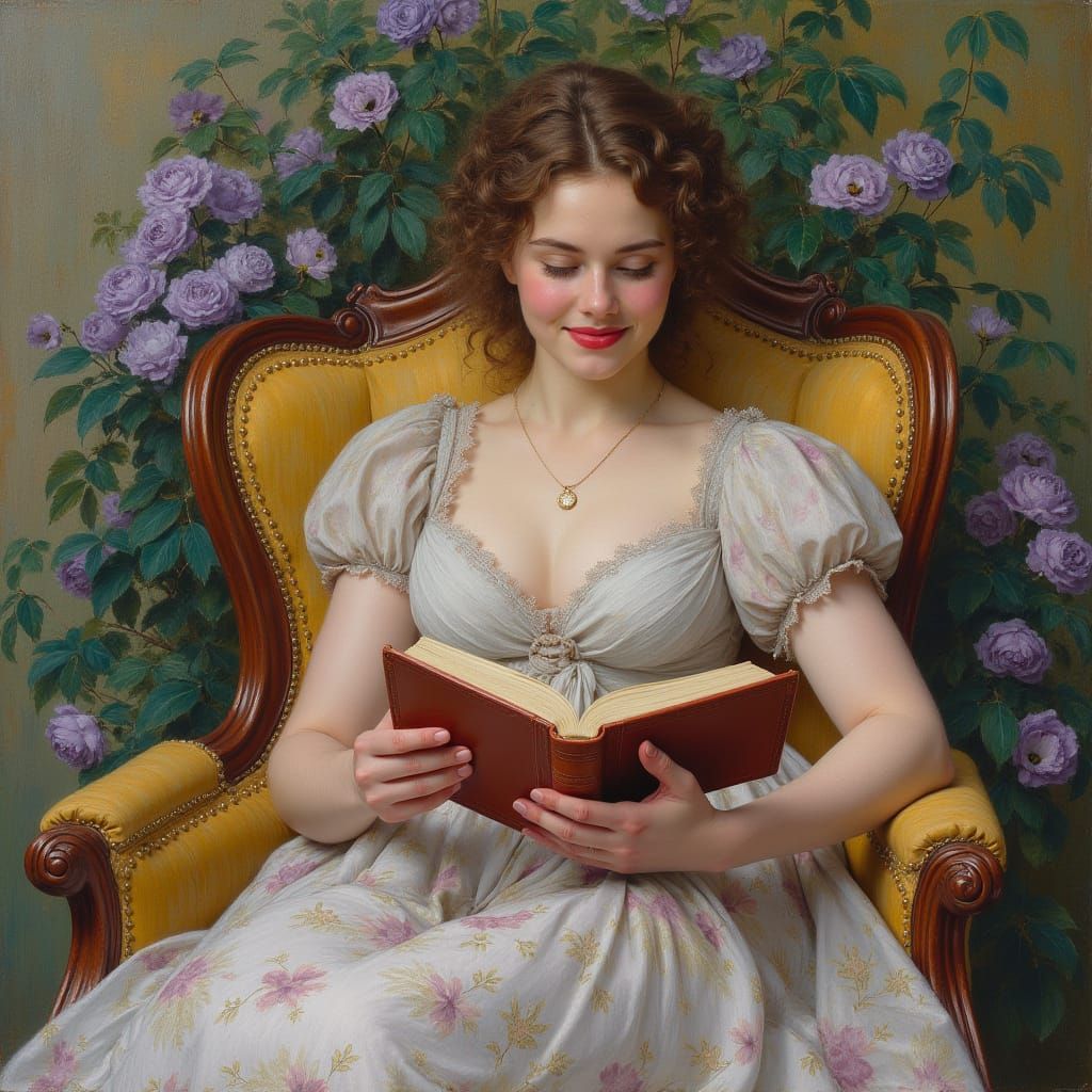 Elegant Woman Reading Surrounded by Purple Flowers