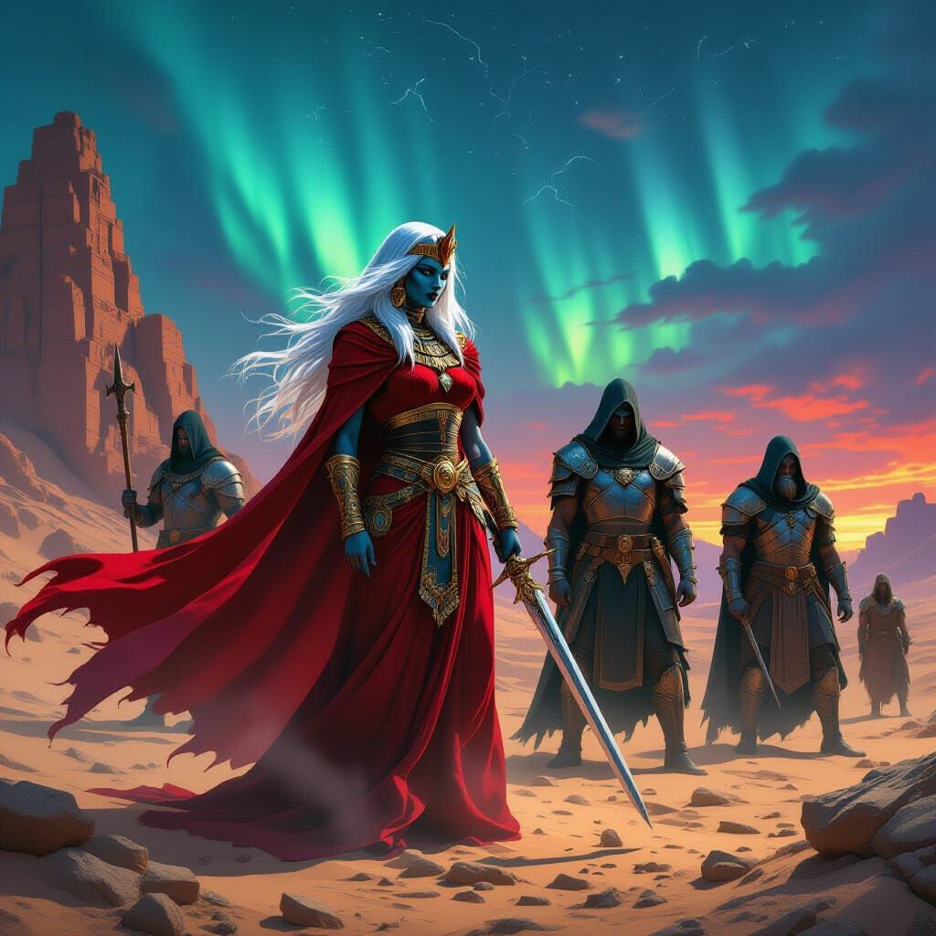 Undead Pharaoh Necromancer & Warrior in Surreal Landscape