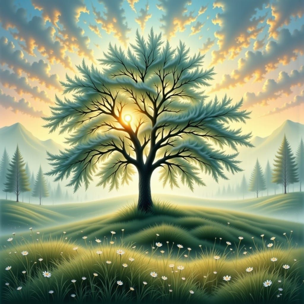 Ethereal Glowing Tree in Misty Meadow