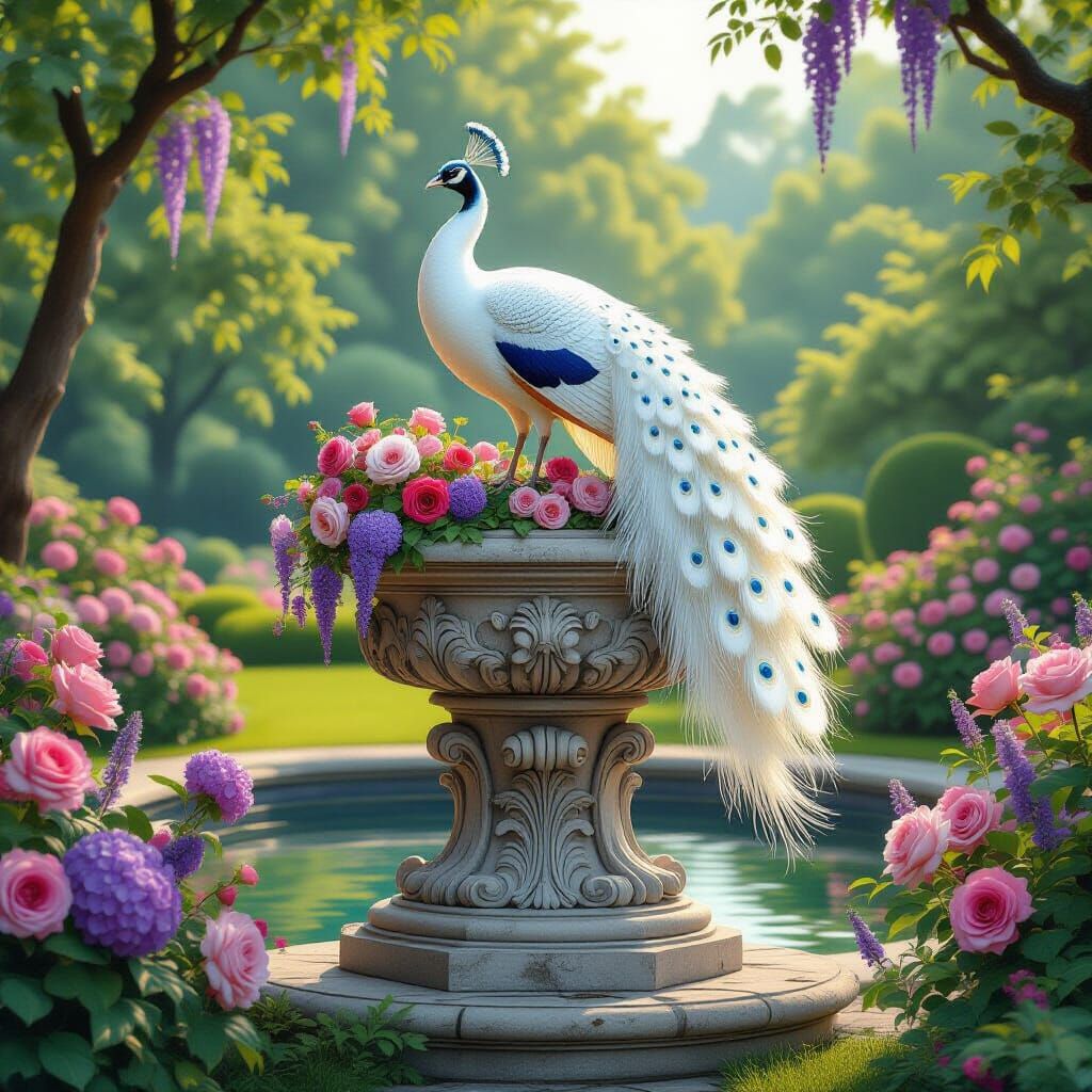 White Peacock in Lush Fantasy Garden Setting