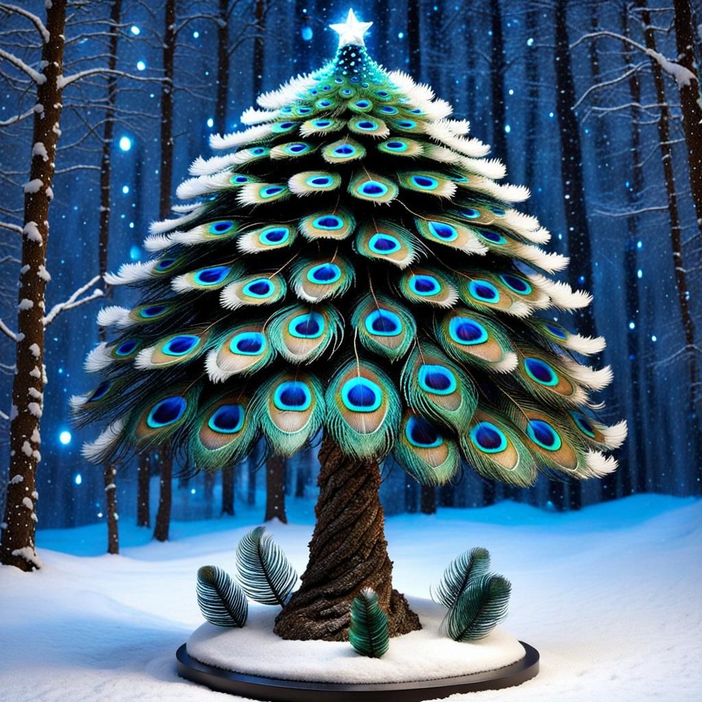 Bioluminescent Peacock Feather Christmas Tree Sculpture