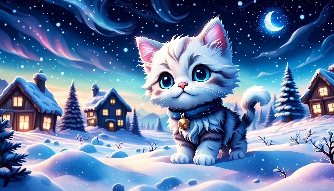 Chibi Christmas Kitten in Winter Wonderland
