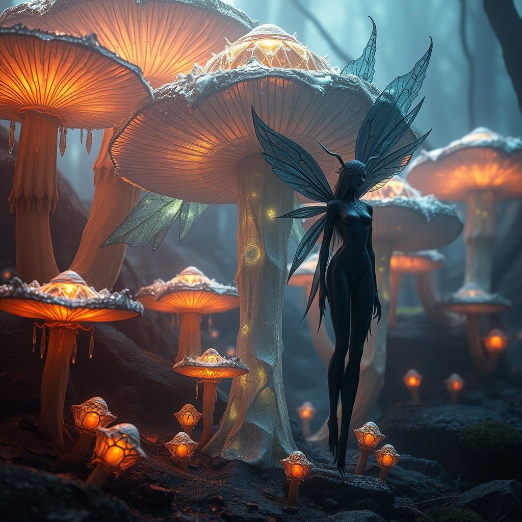 Majestic, Wingless Fey Creatures Amidst Glowing Mushrooms