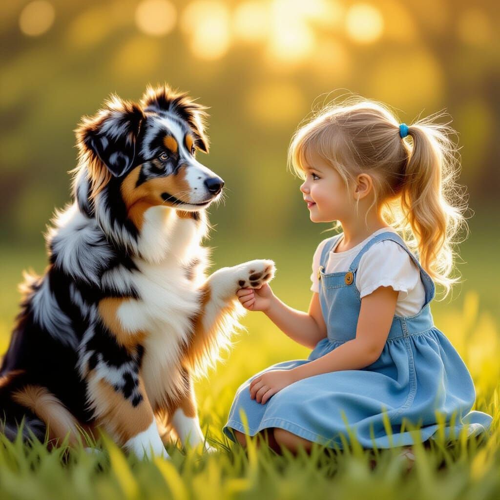 Australian Shepherd Offers Paw to Girl in Golden Light