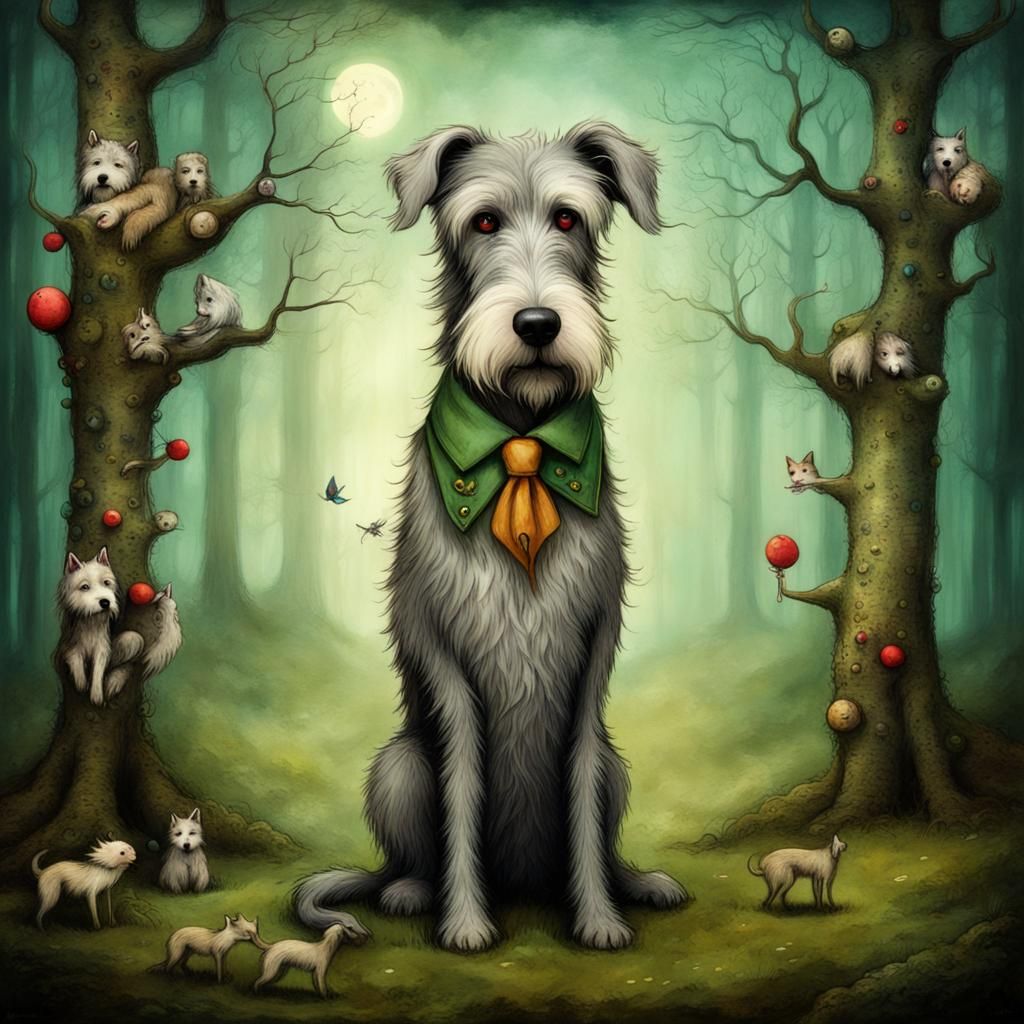 Anthropomorphic Irish Wolfhound in Surreal Forest