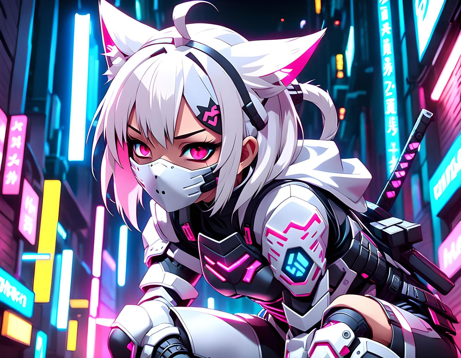 Cyborg Ninja Girl with Oni Mask: Anime Art