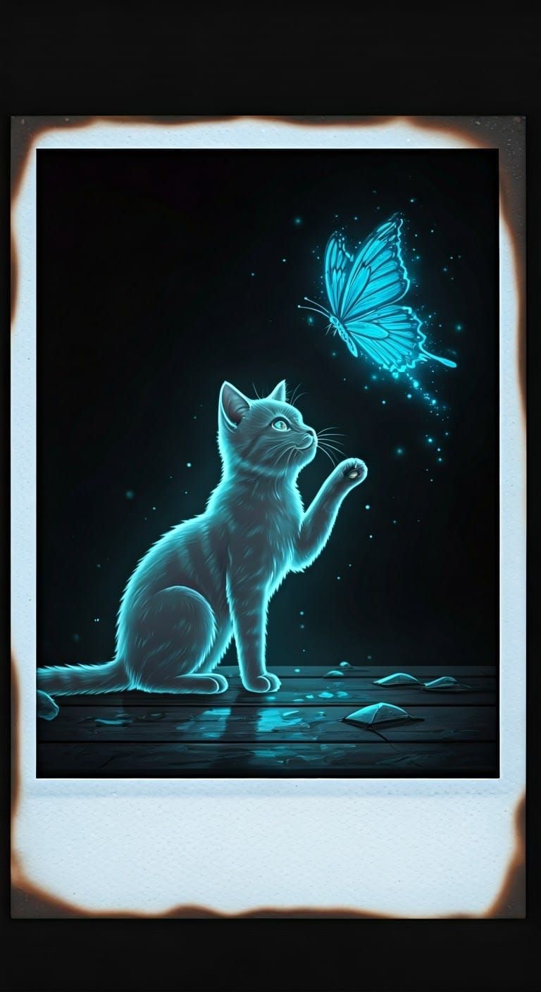 Translucent Ghost Kitten with Neon Butterfly