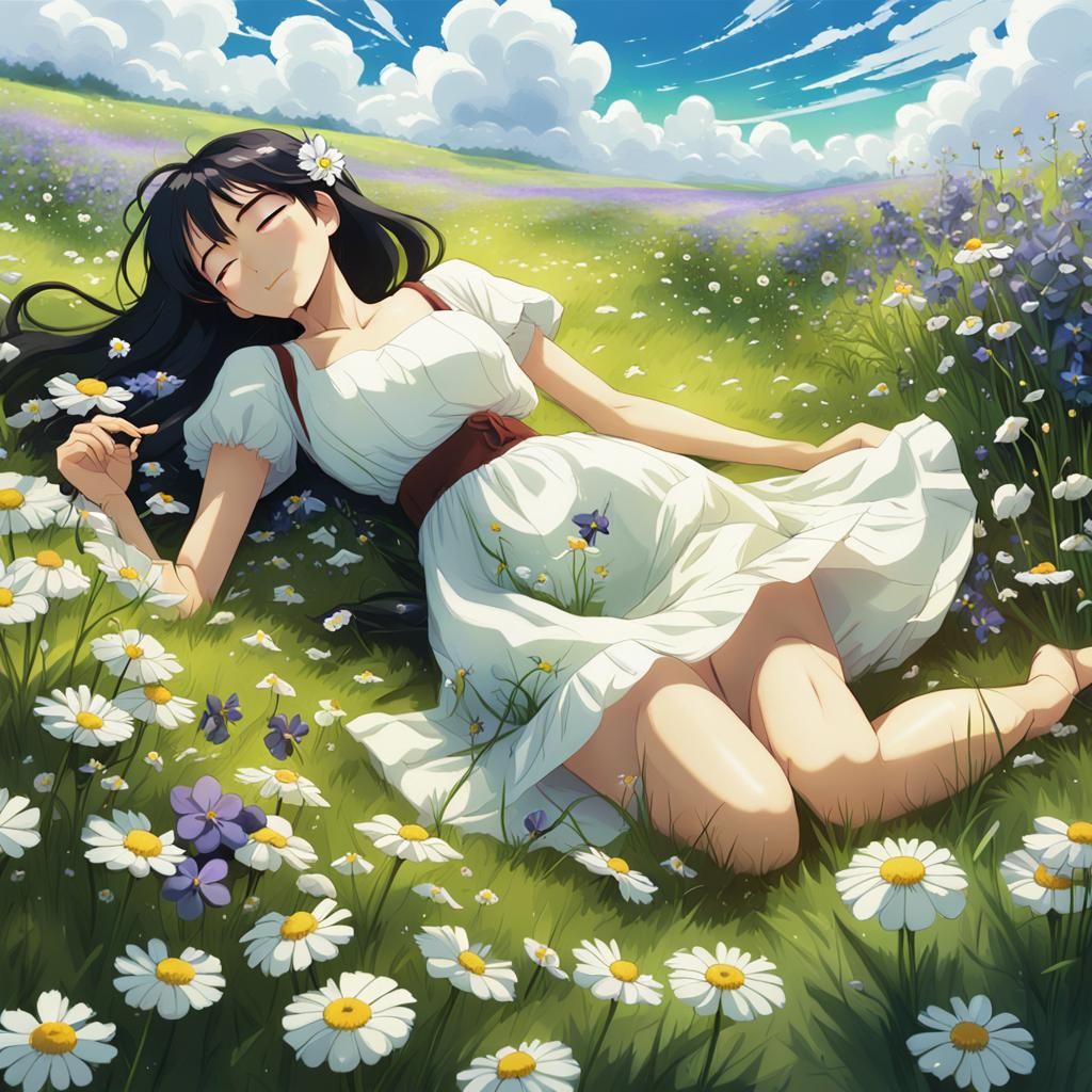 Girl in Flower Meadow, Studio Ghibli Style