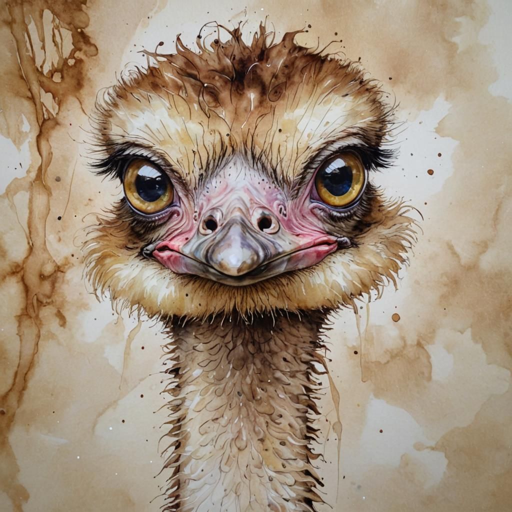 Stylized Ostrich with Big Eyes in Alcohol Ink