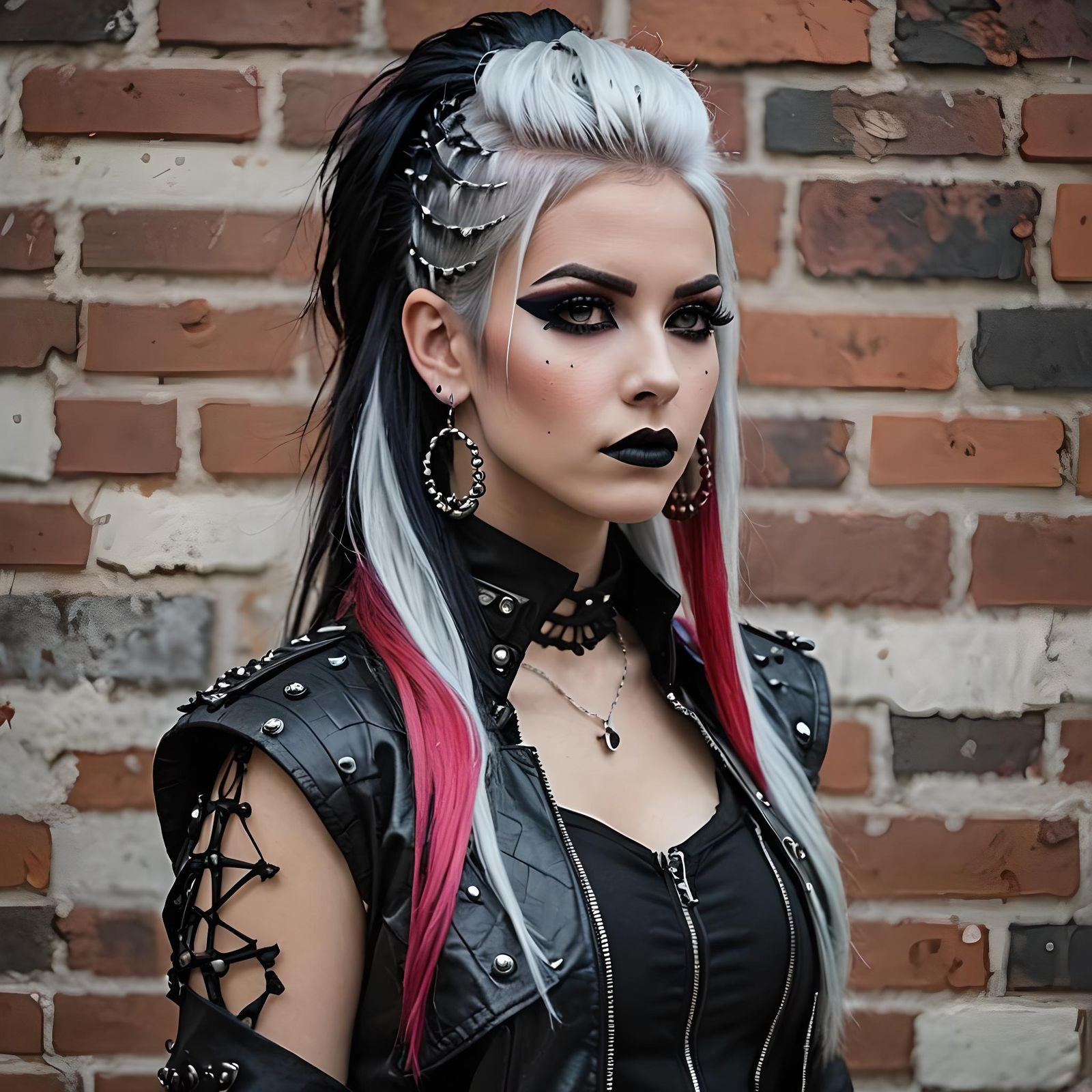 Goth Woman with Punk Makeup Against Brick Wall