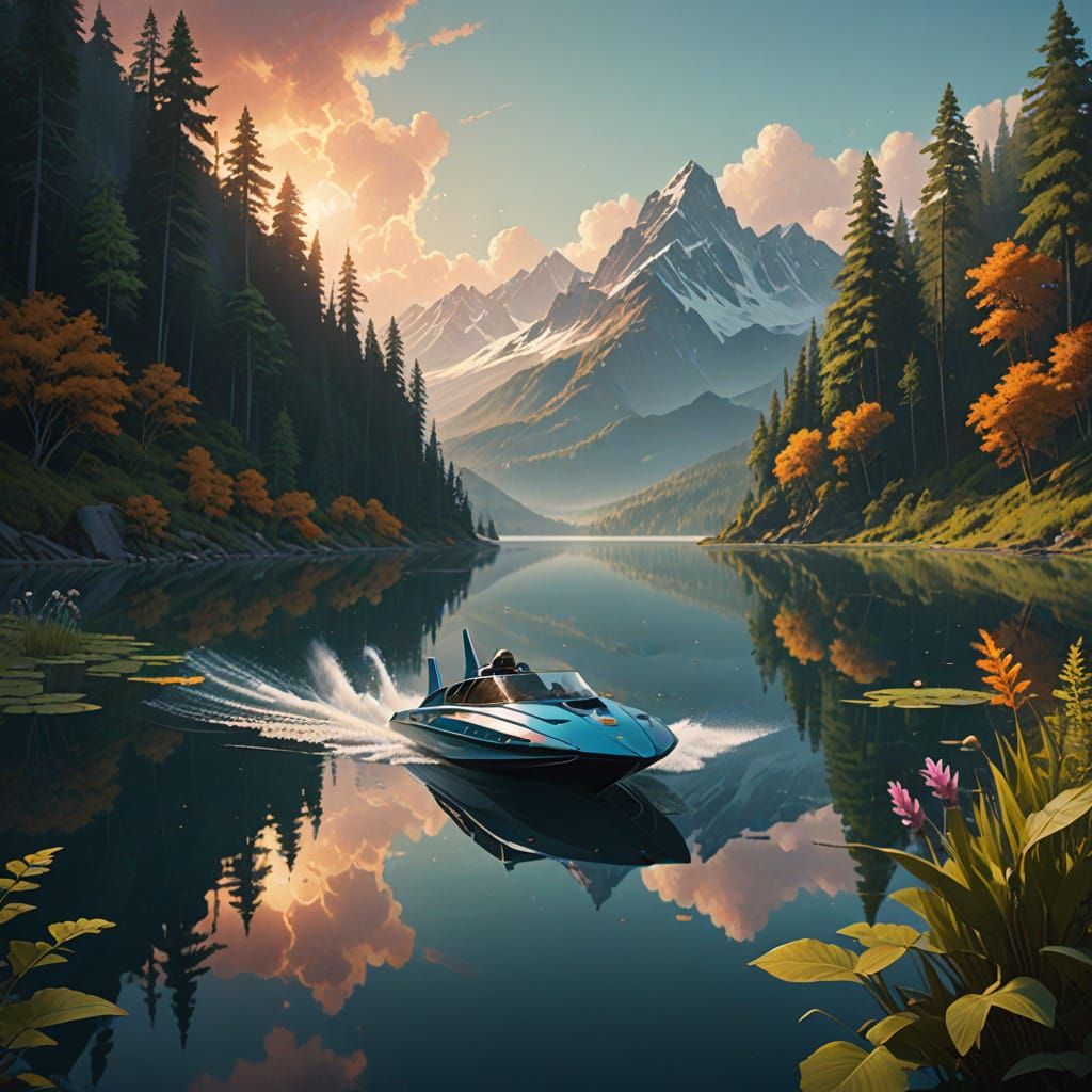 Sleek Hydroplane Speeds Across a Dreamlike Lake Landscape at...