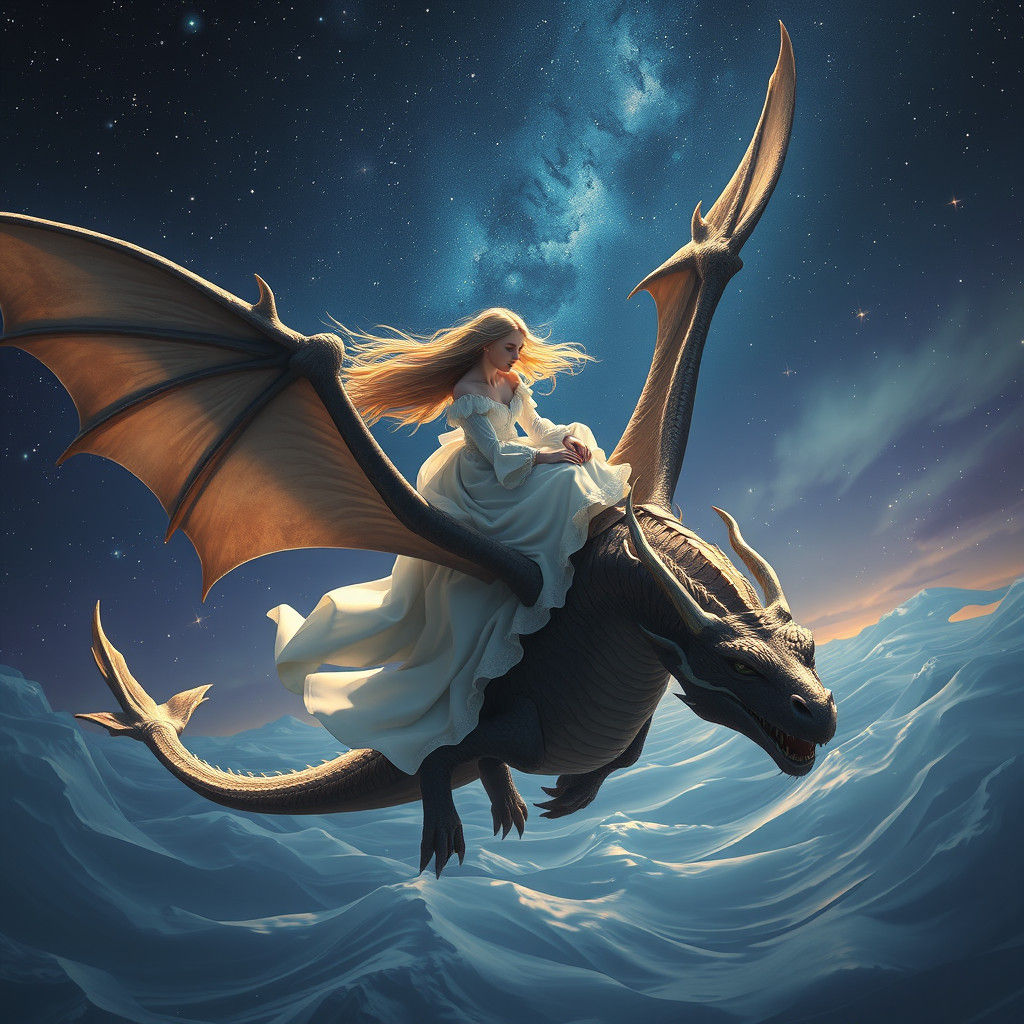 Dragon Rider in Starry Night, Digital Art