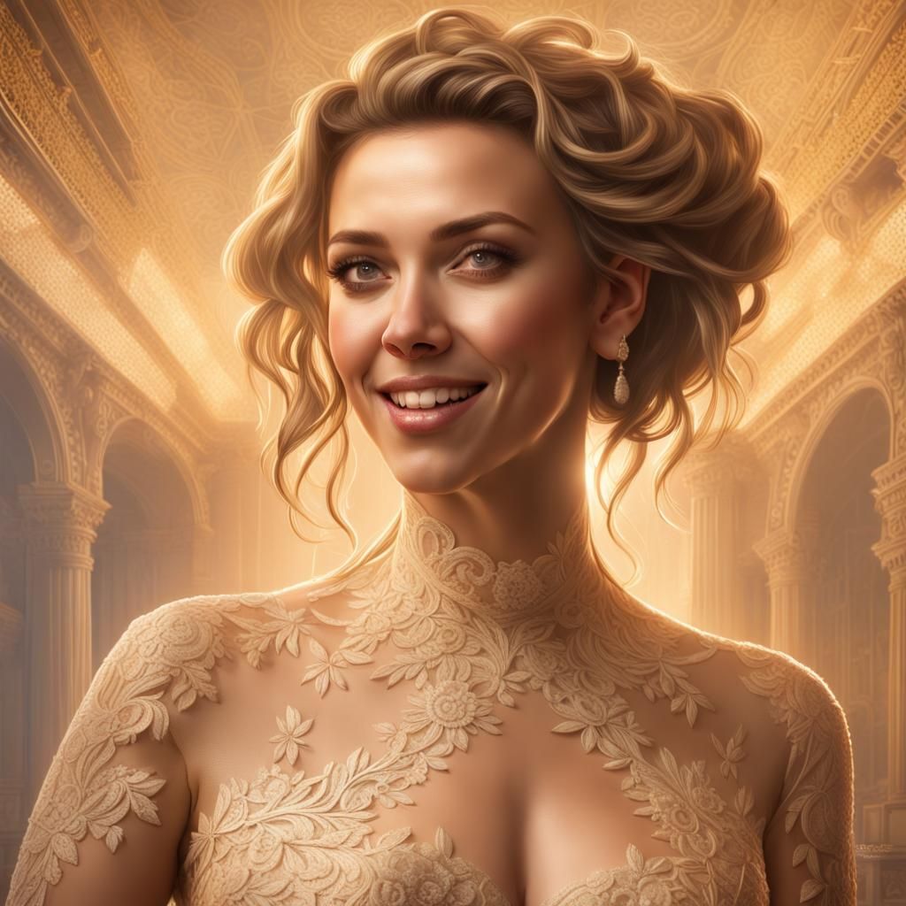 A BRAZILIAN woman of STUNNING BEAUTY, REMINDS SCARLETT JOHANSSON, with WEDDING HAIRSTYLE, with tanned shoulders, (smilin...