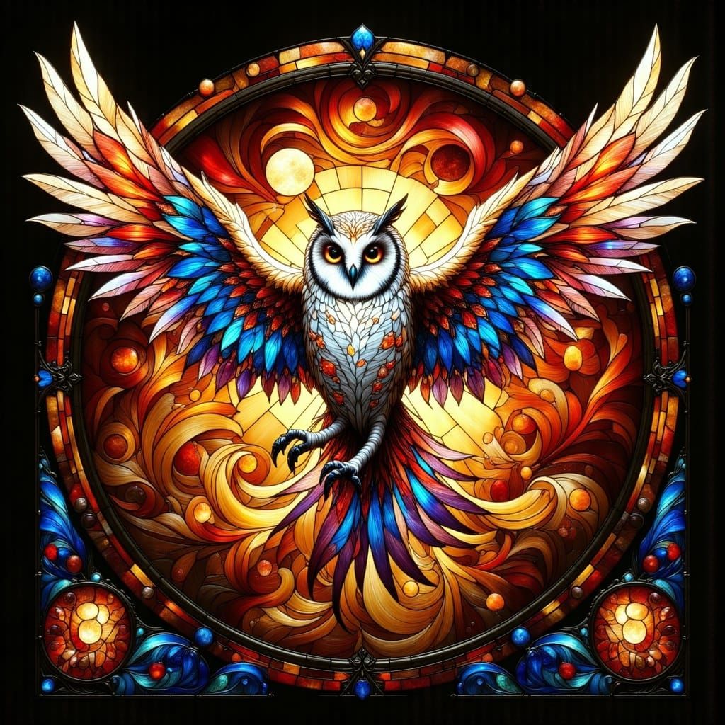 Ethereal Stained Glass Barn Owl in Flight