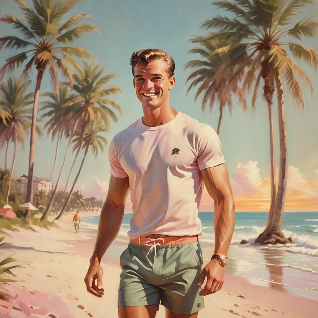 Retro Beach Portrait of Smiling Man at Sunset