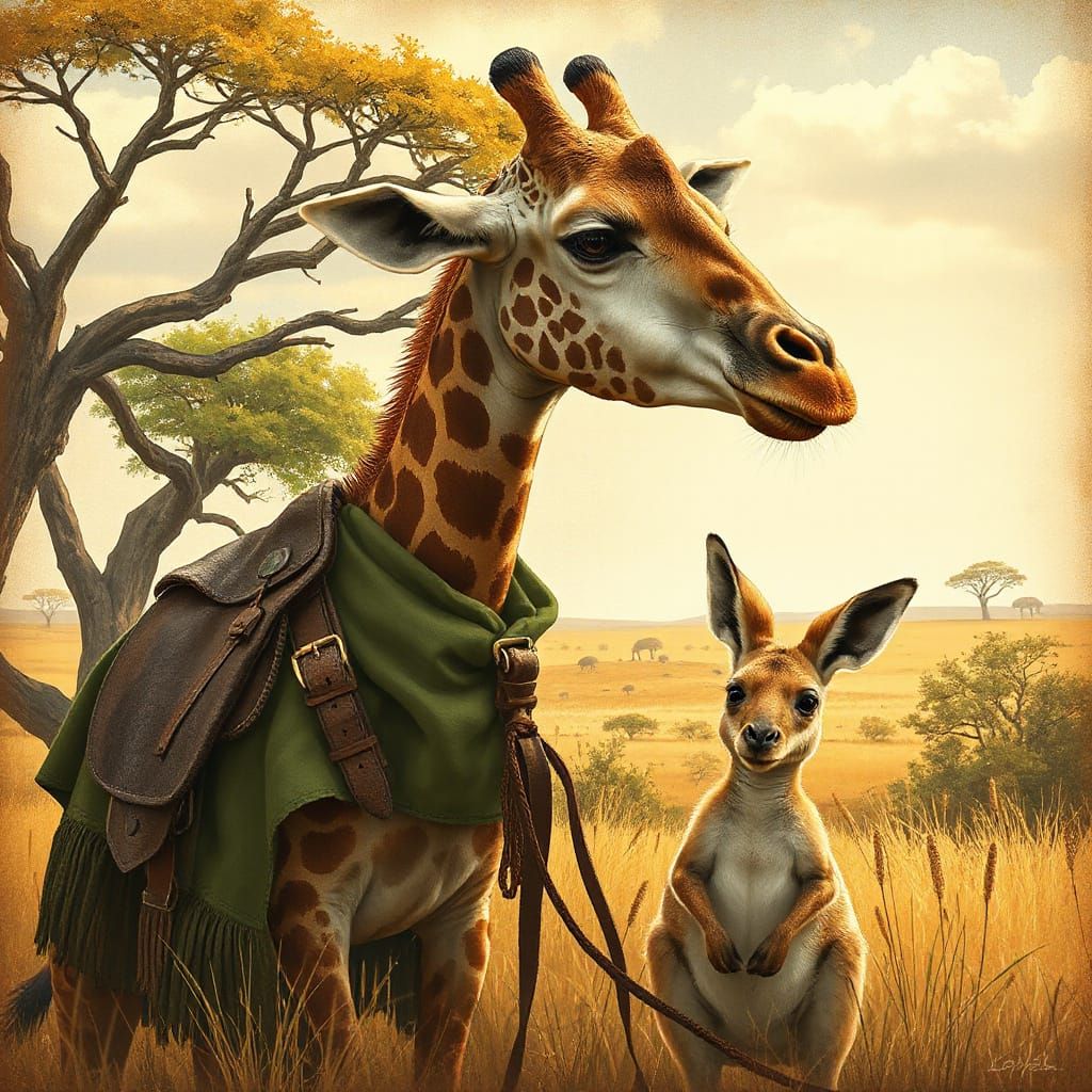Giraffe and Kangaroo Friendship in Whimsical Style