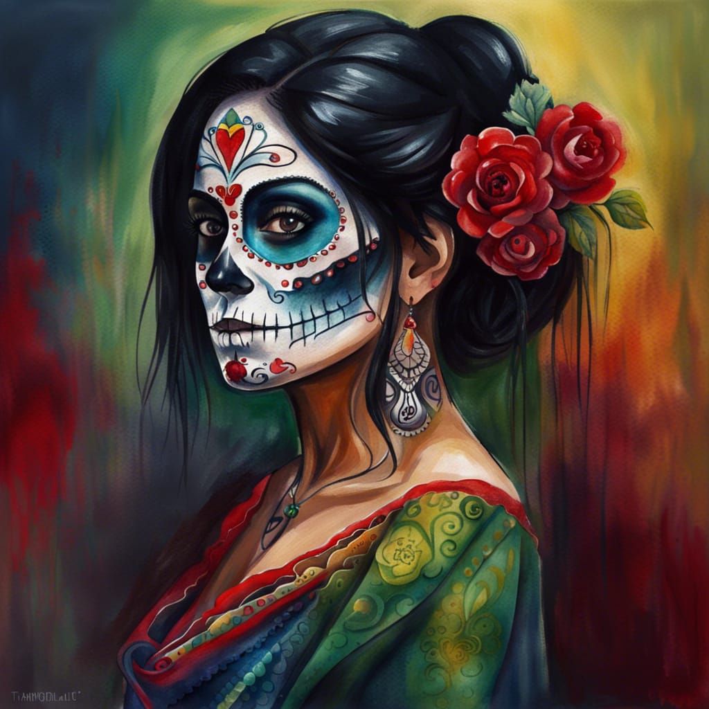 Dia de los Muertos Woman Portrait in Watercolor