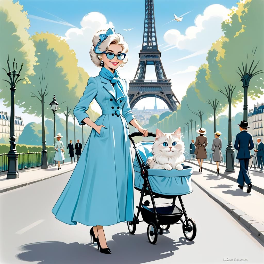 Parisian Fashionista with Cat in Paris, Cartoon Style