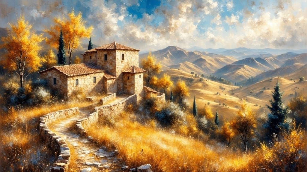 Sunlit Hill Town Carved in Stone Landscape