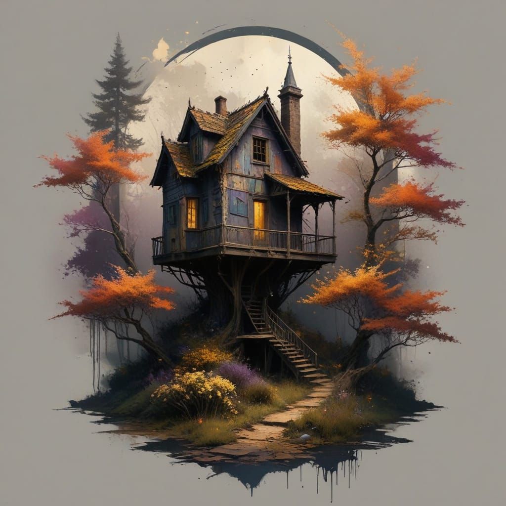 Whimsical Abandoned Treehouse in Vibrant Grunge Colors