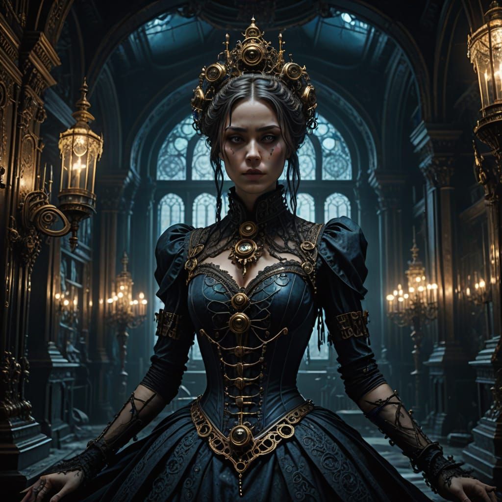 Gothic Cyberpunk Girl in Victorian Splendor