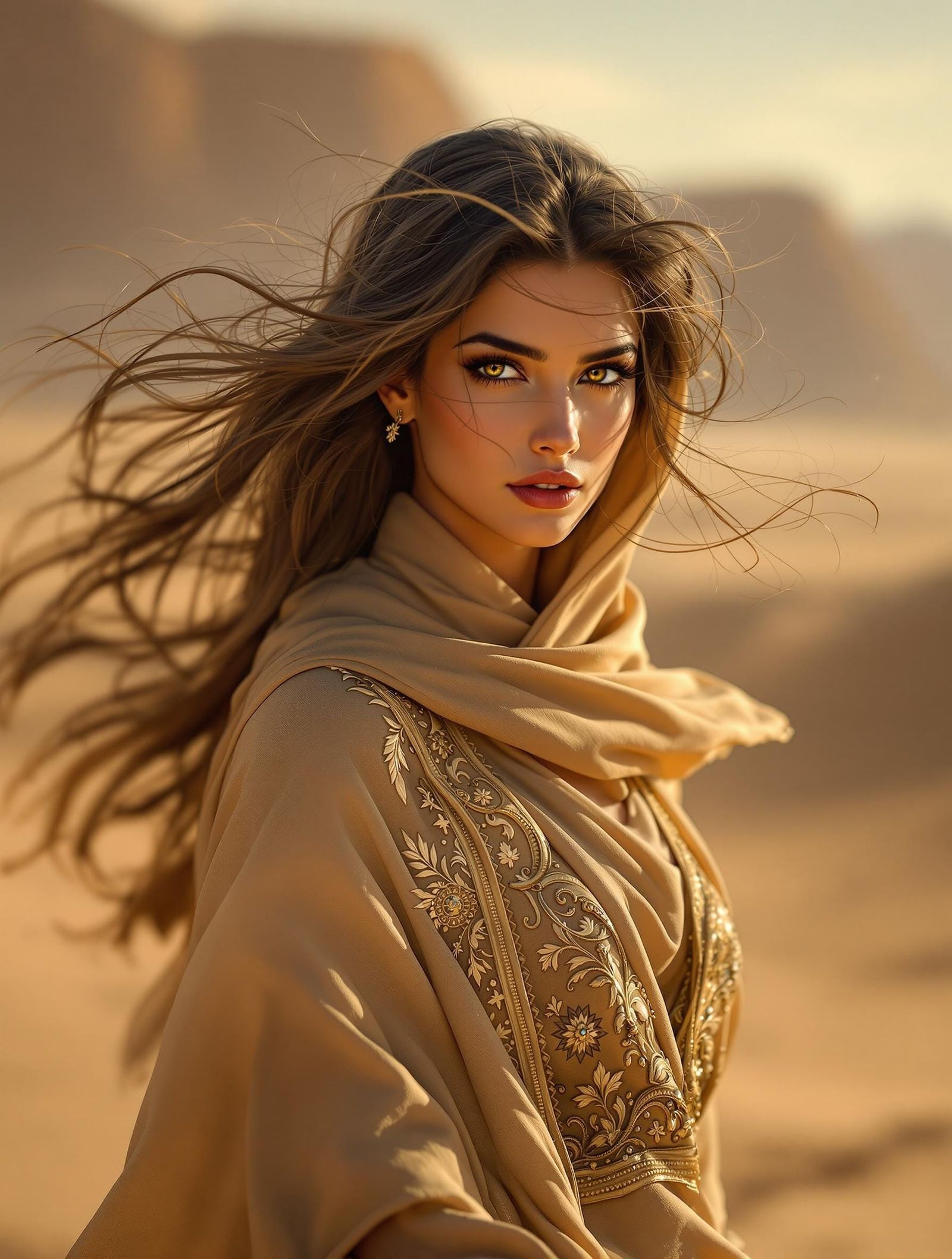 Palestinian Woman in Traditional Attire Under Desert Sunset