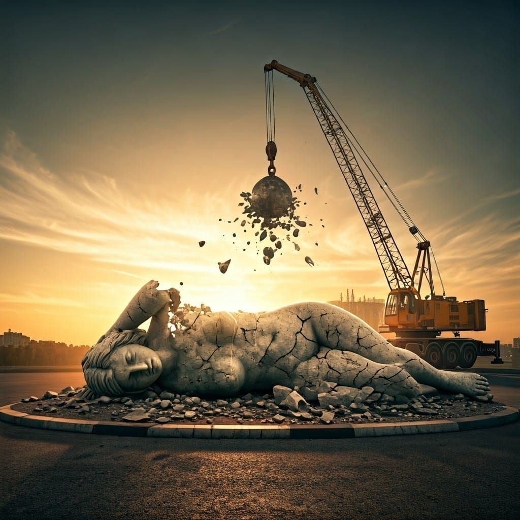 Shattered Elegance: A Crumbling Statue on a Desolate Traffic...