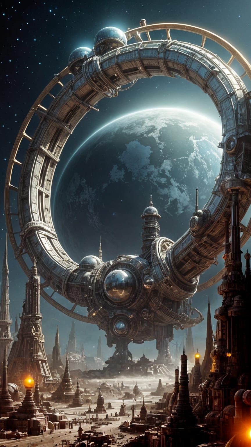 Retro-Futuristic Orbital Shipyard Inspired by Syd Mead