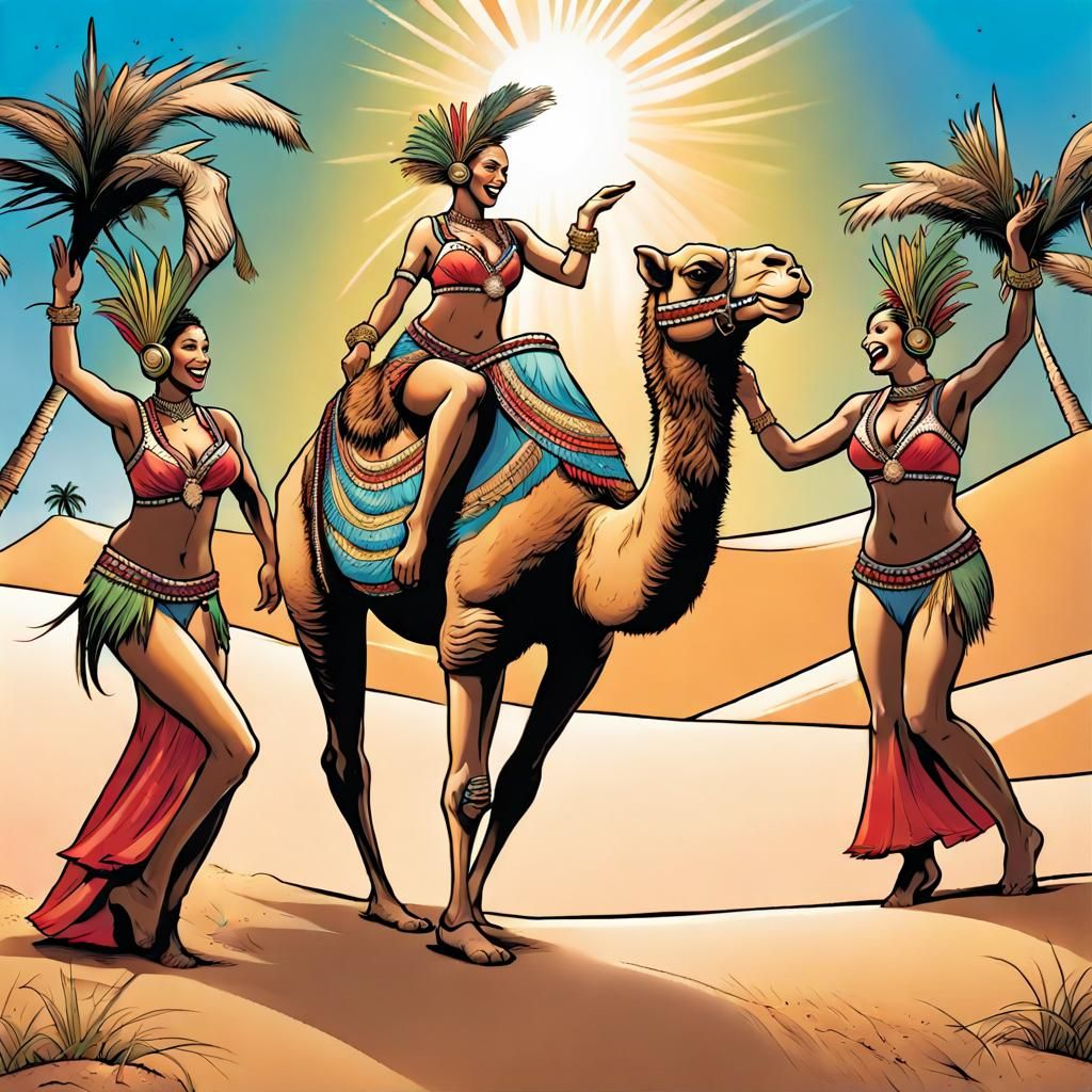 five brazilian female samba dancers dance around a decorated camel in the sand dunes, carnival, samba feather headset, h...