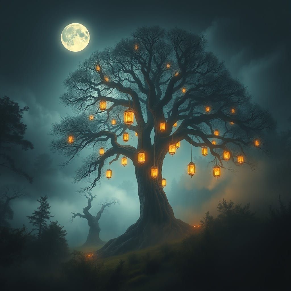 Ethereal Tree of Life in Moonlit Forest