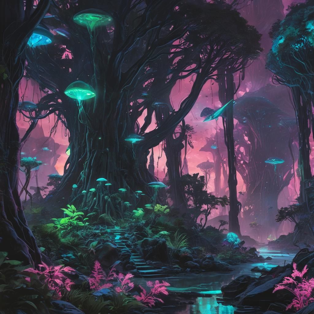Bioluminescent Alien Landscape in Neon Watercolor