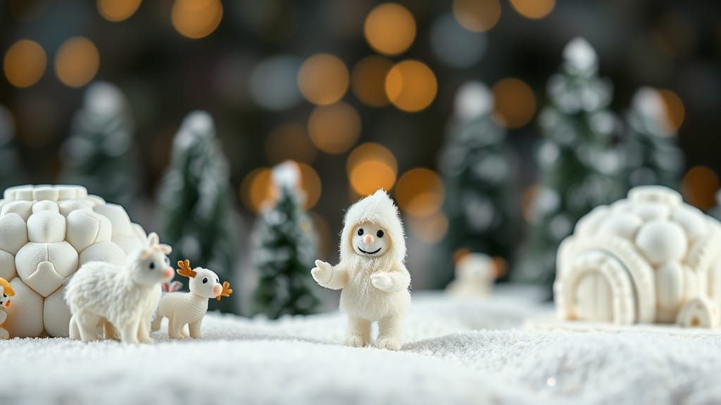 Winter Wonderland Claymation Scene with Cute White Yetis