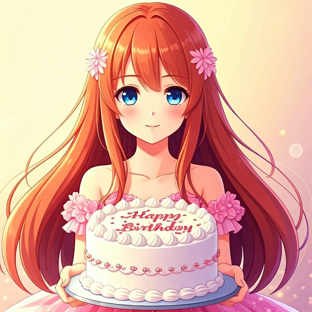 Anime Girl with Birthday Cake in Studio Trigger Style