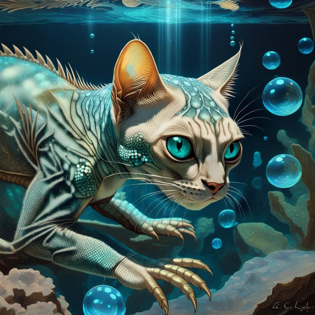 Bioluminescent Cat-Iguana Hybrid Swimming Underwater