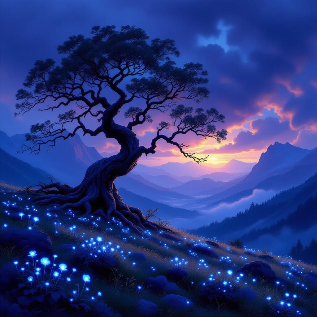 Ancient Tree on Mountain Peak in Stormy Twilight
