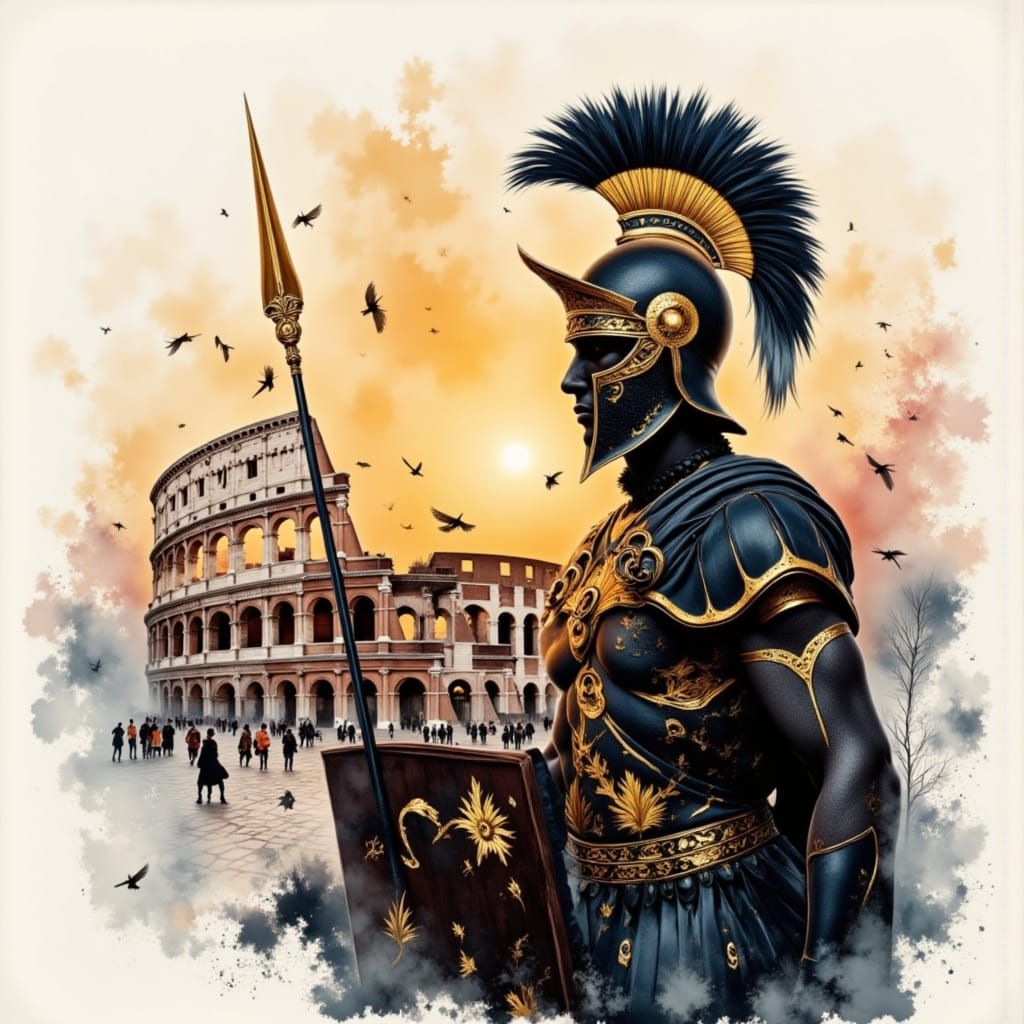Ink Wash Roman Legionnaire Double Exposure in Rome