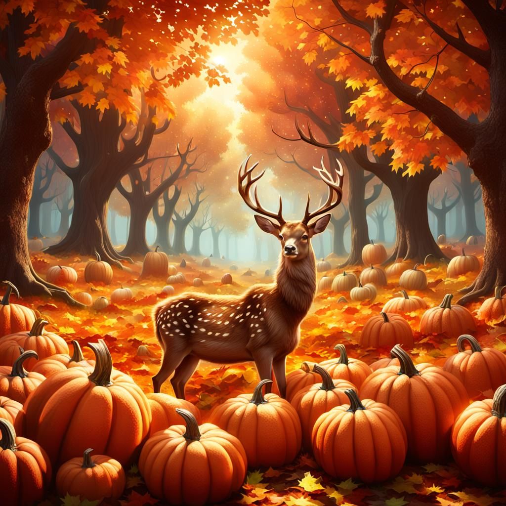 Whimsical Deer in Autumn Pumpkin Patch